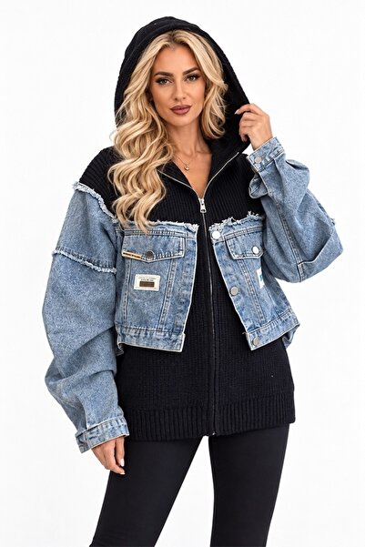 FashionForYou Πλεκτή ζακέτα LUREIA, με τζιν ένθετα και κουκούλα, Μαύρο, Μέγεθ...