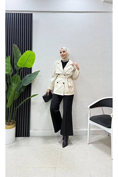 moda crn Düğme Detaylı Seyyar Kuşaklı Kısa Trençkot