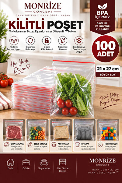 Monrize Concept Kilitli Poşet 21x27 cm 100 Adet Büyük Boy Şeffaf Gıda Saklama...