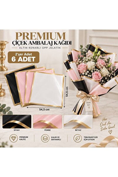 Lüks Altın Kenarlı -3 Renk 6 Adet Çiçek Buket Kağıdı OPP Su Geçirmez Ambalaj Hobi Kağıdı - 54.5 cmx54.5 cm - Beyaz-Pembe-Siyah