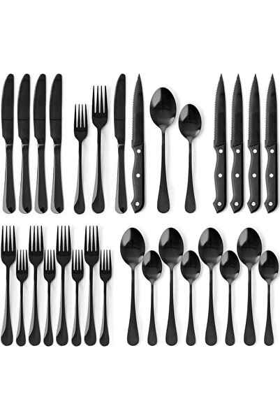 ALMEKAQUZ 25Pcs Black Silverware Set with Steak Knives, Black Flatware Set fo...