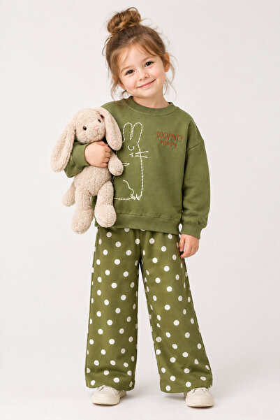 LuccoKids Hoppity Hop Tavşan Çizimli Yeşil Sweatshirt & Puantiyeli Pantolon T...