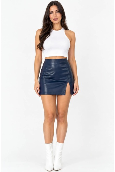 LİMMODA Faux Leather Navy Blue Slit Mini Skirt