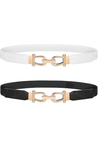 Tazweeq Women's Stretch Waist Belt 2 Pack, Elastic Skinny Belt with Gold Meta...