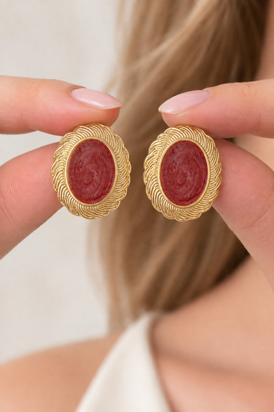 MRK Women's Burgundy Enamel Oval Earrings