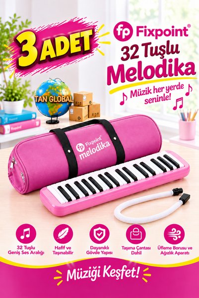 TAN EXPRESS 3 Adet 32K Hortumlu Melodika 32 Tuşlu Bez Çant Pembe (3,5x10x41 Cm)