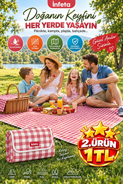Kırmızı Kareli 200x150 cm Su Geçirmez Kum Tutmaz Katlanabilir Piknik ve Plaj Örtüsü