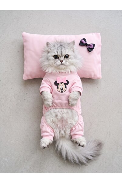 Kemique Pinkie Mouse Kedi Uyku Seti | Pembe Kalın Penye Kedi Tulumu ve Kurdel...