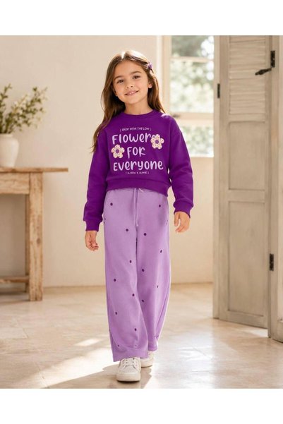 buzy kids concept Purple Floral Printed 3-Thread Girls' Tracksuit Set, Ages 3-10