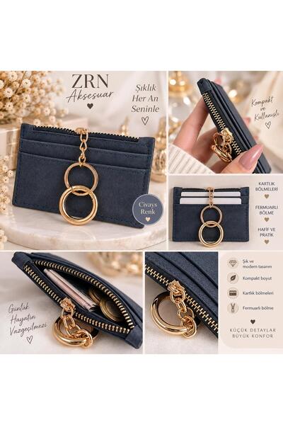 ZRN AKSESUAR Wallet Women's Suede Navy Blue Card Holder Wallet – 4 Card Compa...