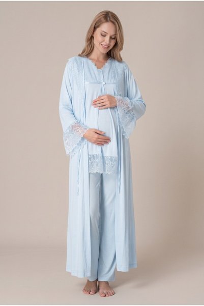 Generic Brand Women's Blue Long Sleeve Lace Detailed Nursing Pajama Set with Dressing Gown for Maternity and Pregnancy