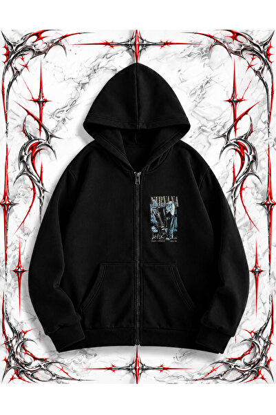 dompulerimoda Kurt Cobain Nirvana Oversize Zippered Black Unisex Hooded Cardigan