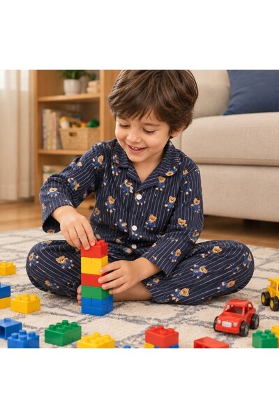 ARN HOMEWEAR ayıcık desenli çizgi detaylı süet kumaş çocuk pijama takımı