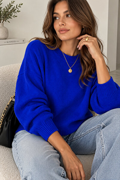 Saks Mavi Kadın Oversize Bisiklet Yaka Triko Kazak