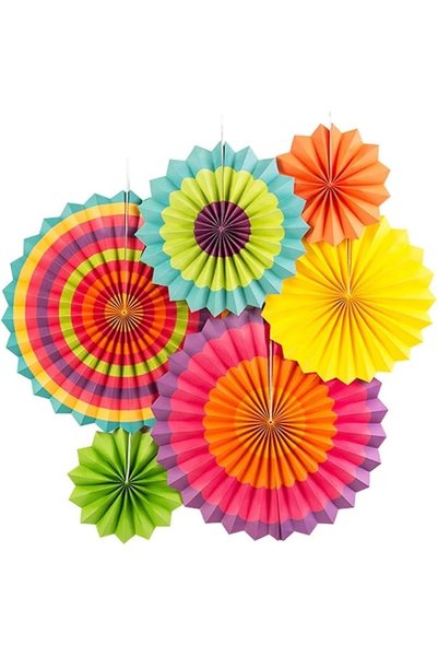 GENERAL Pack of 6 Hanging Paper Fans Party Carnival Circus Round Pattern Pape...