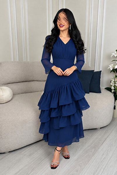 elin Elegant Navy Blue Layered Ruffle Evening Dress