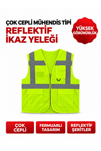 GERMAN KUPFERMAX Çok Cepli Reflektif İkaz Yeleği Fermuarlı Yüksek Görünürlüklü