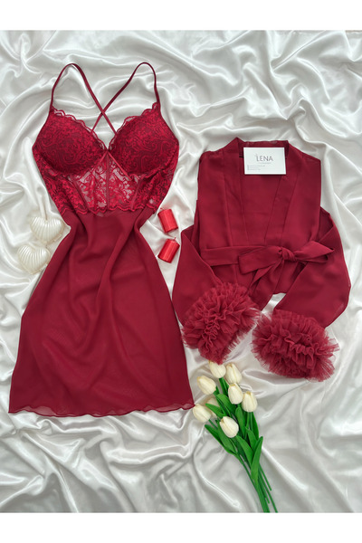 Lena Homewears طقم فستان نوم وروب نسائي من الشيفون بلون الفيروزي (معلب)