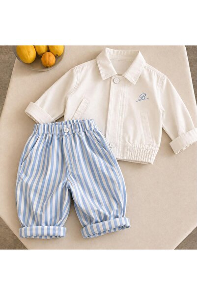 bohemiankids baby wear Beyaz Bomber Ceket Mavi Çizgili Pantolon Takım