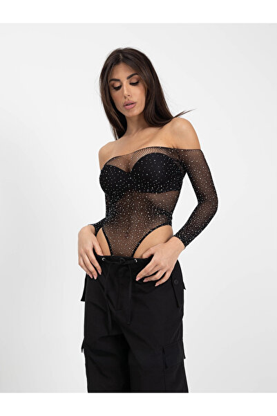 Madame Mercy Κορμάκι Stella Black Stone Mesh με μακριά μανίκια και ανοιχτούς ...