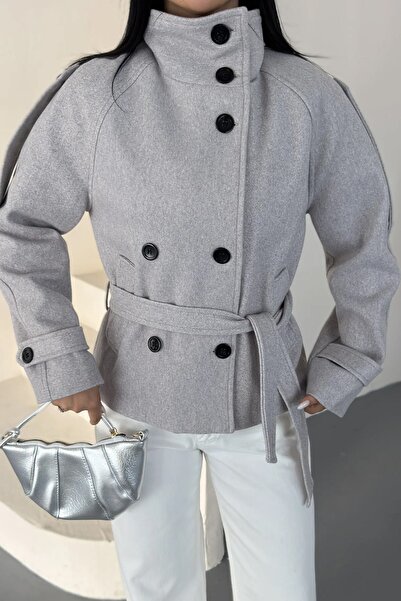 PRİFALDİ Zr Women's Stand Collar Belted Short Lined Comfortable Fit Grey Cash...