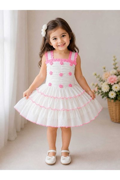 Daddy's Angel Girls Floral Cotton Dress – Sleeveless Lace Strap, Layered Ruffle & Flower Detail Party Dress