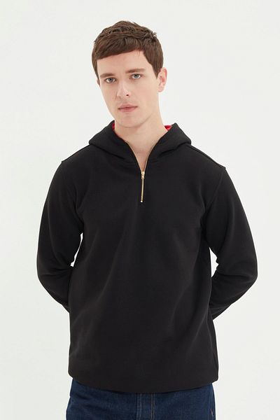 Trendyol Collection Черен мъжки стандартен суичър с качулка и дълъг ръкав с половин цип TMNAW20SW0507