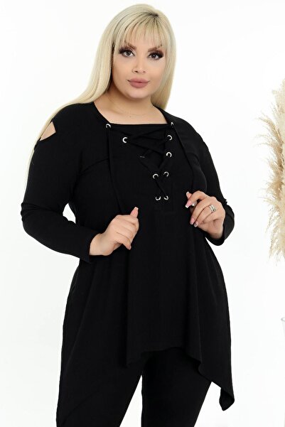 Kheos Shoulder Low-cut Chest Lace-up Long Sleeve Asymmetrical Flowy Tunic