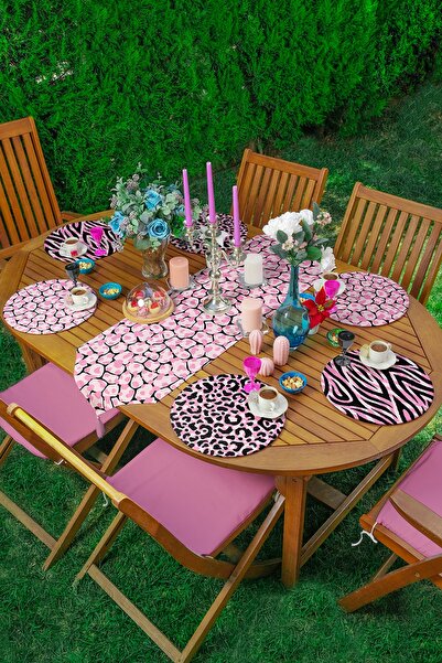 Realhomes 6+1'li Pembe & Siyah Zebra Desen Tasarımlı Supla Runner Seti