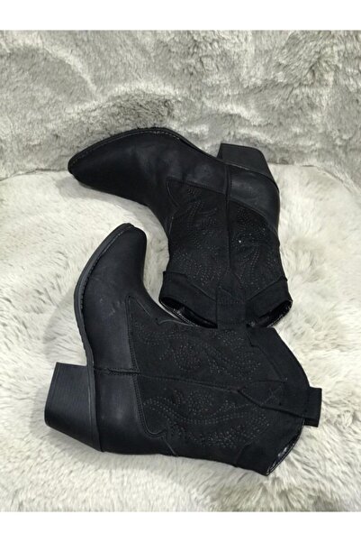 Metin Ayakkabı Siyah Cild Deri Işlemeli Kadın Vesten Koboy Kadın Bot