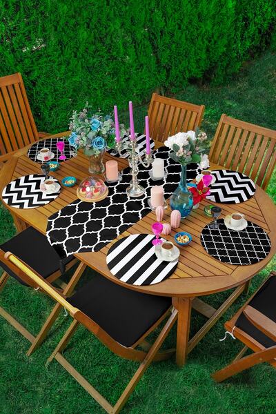 Realhomes 6+1'li Siyah Beyaz Geometrik Çizim Temalı Supla Runner Seti