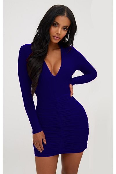 vuvutasarım Rochie mini albastră - țesătură elastică, decupaj la piept, cu detaliu strâns, mânecă lungă Tkn-394