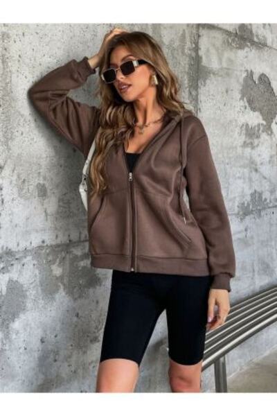 Benisengiydir Women's Brown Plain Zipper Hooded Jacket