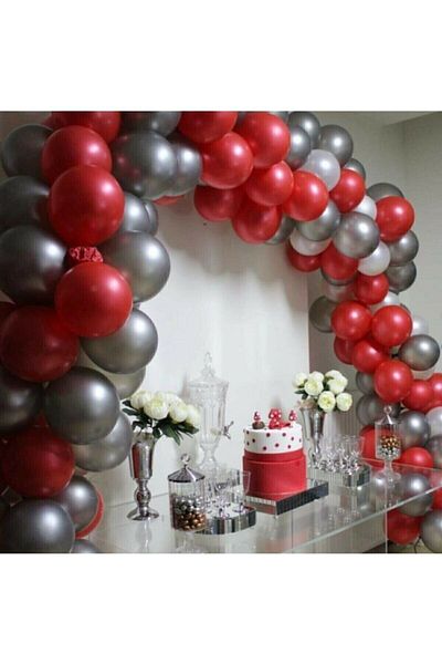 BEST PARTİ DOĞUM GÜNÜ PARTİ SÜSLERİ 100 Metallic Balloons (Red, Silver) + Balloon Chain Gift