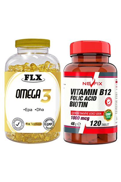FLX زيت السمك أوميجا 3 90 كبسولة هلامية وفيتامين ب12 1000 ميكروجرام 120 قرص