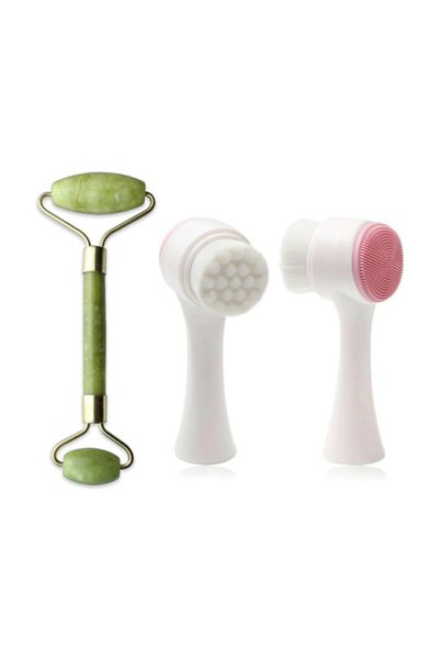 QNİAY Jade Roller 2-Pack Jade Stone Massager + Silicone Facial Cleansing Brush