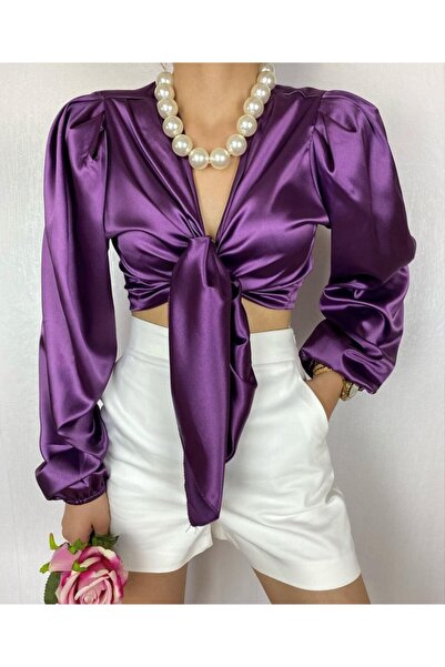 Moda Stayl Saten Parlak Lila Kadın Gömlek Dekolte Bağlamalı