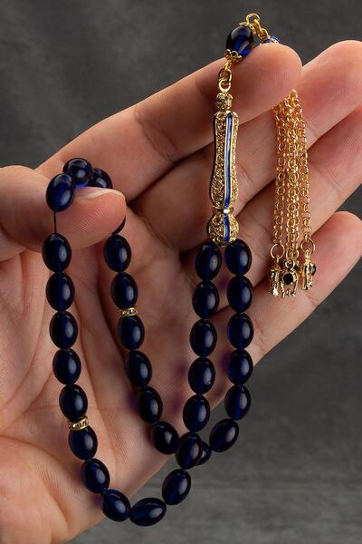 OTTOTESBİH Mărgele de rugăciune din chihlimbar albastru foc, 8x12 mm, cu set de filigran Imame și ciucuri