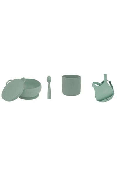 OiOi Set of 4 Silicone Cups - with Lid,RiverGreenNamNam Spoon, Baby Bib