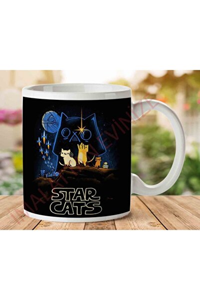 ART HEDİYE كوب مطبوع عليه وجهين للقطط على شكل نجمة حرب القطط