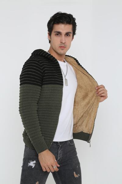 KMKkombin Men's Fur Lined Hooded Knitwear Knitted Cardigan