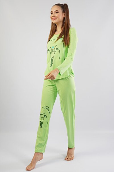 Espuar Women's Bear Patterned Combed Cotton Pajama Set