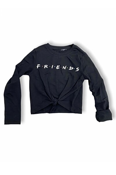 Siyah Önden Bağlama Detaylı Friends Baskılı Kız Çocuk Sweatshirt