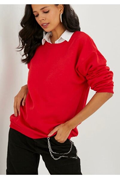 ESCBUTİK Γυναικείο χειμερινό χοντρό κόκκινο φούτερ με λαιμόκοψη ποδηλάτου