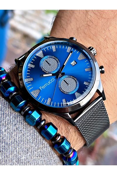 Ferrucci Smoked Anthracite Color Navy Blue Dial Straw Men's Wristwatch + Hematite Natural Stone Bracelet Gift