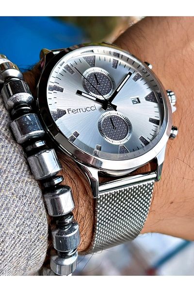 Ferrucci Silver Color Metalic Dial Straw Men's Wrist Watch + Hematite Natural Stone Bracelet Gift