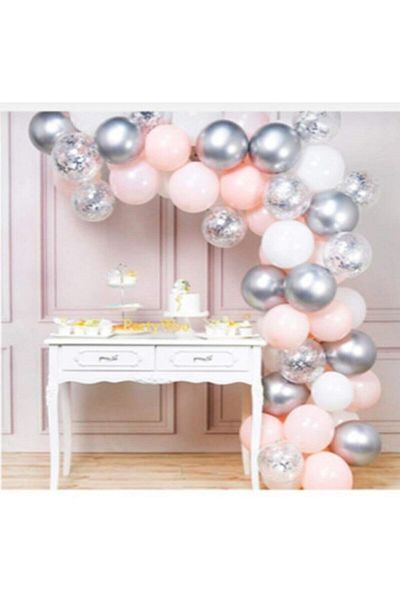 BEST PARTİ DOĞUM GÜNÜ PARTİ SÜSLERİ Light Pink, Transparent Balloon with Confetti, Chrome Balloon Chain Set (52 PIECES) Balloon Chain Gift