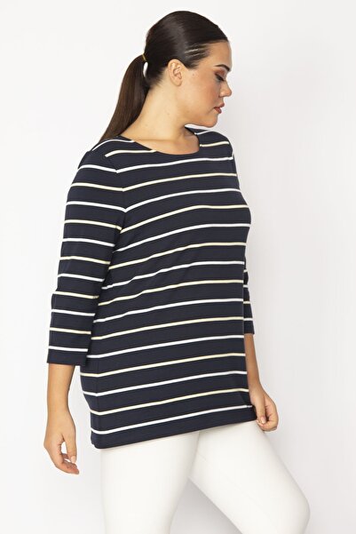 Şans Women's Large Size Black Crew Neck Striped Tunic 65n28710