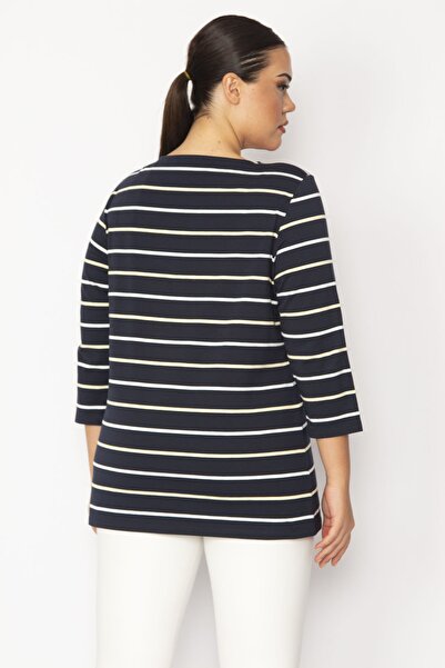 Şans Women's Large Size Black Crew Neck Striped Tunic 65n28710