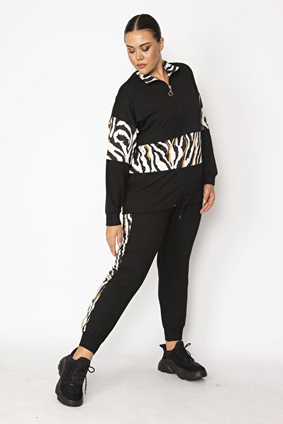 Şans Women's Large Size Black Front Placket Zippered Garni Detailed Sweatshirt Trousers Set 65n28706